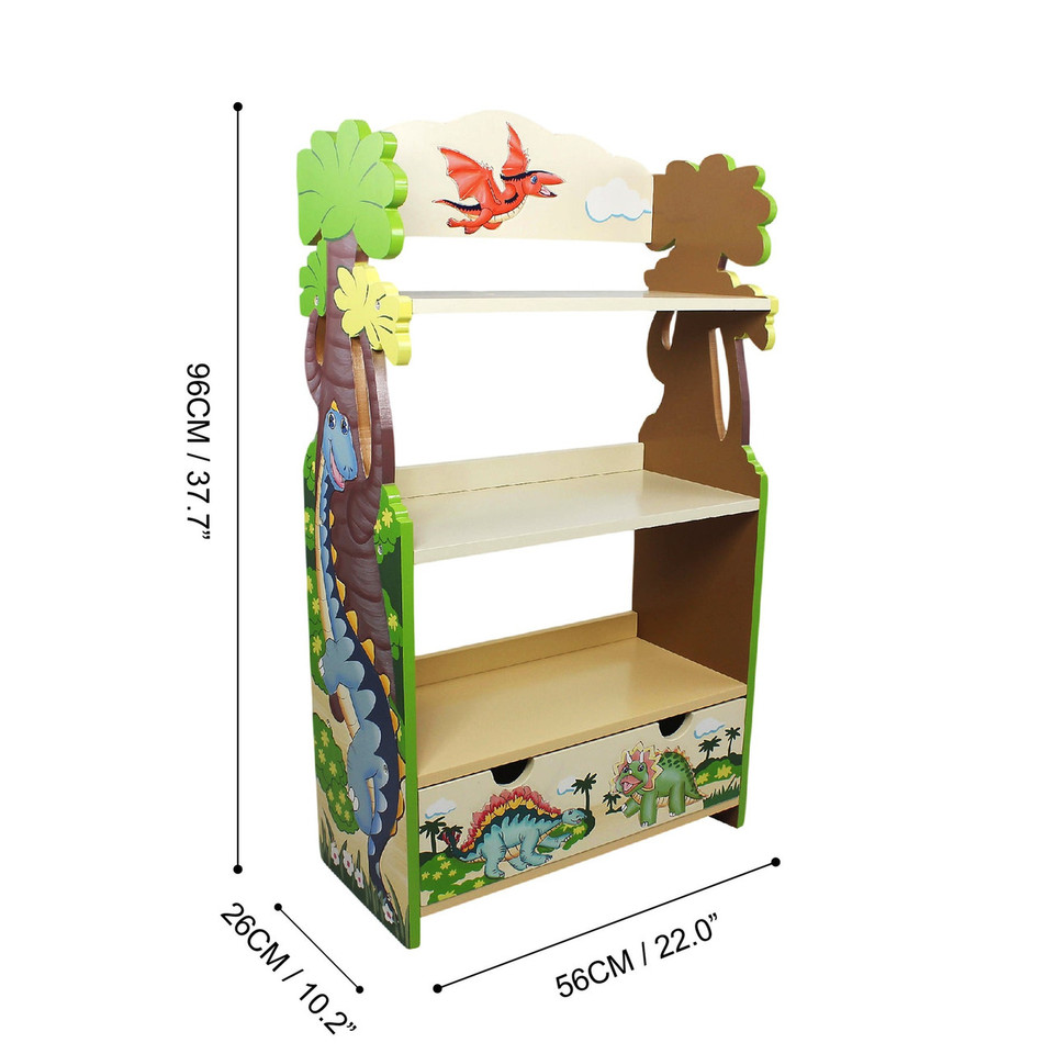 Fantasy Fields Dinosaur Kingdom Bookshelf with Storage Drawer dimensions