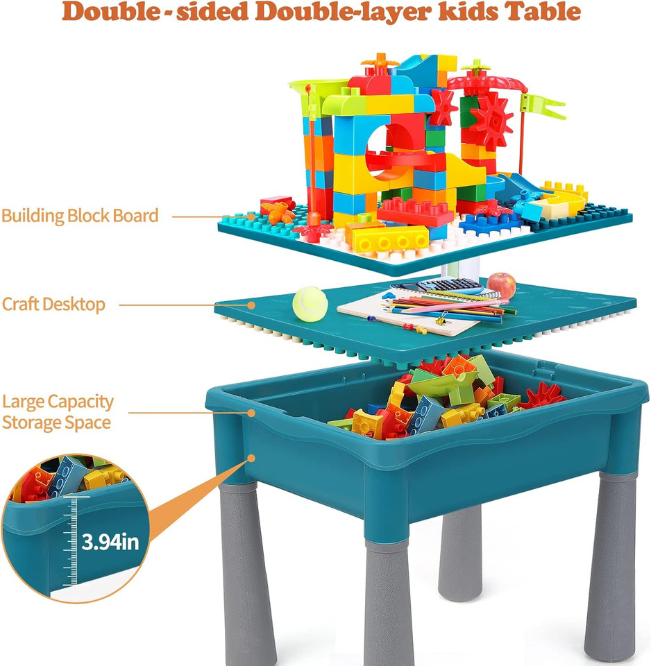 Double-Sided Kids Activity Table with Storage, 105pcs Marble Run Building Blocks, 5-in-1 Multi Activity Play Sand Water Eating T