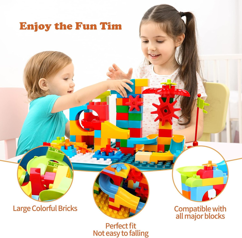 Double-Sided Kids Activity Table with Storage, 105pcs Marble Run Building Blocks, 5-in-1 Multi Activity Play Sand Water Eating T