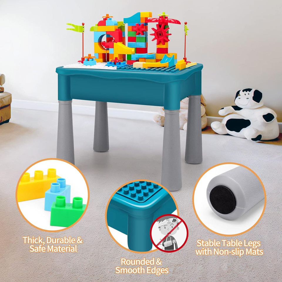 Double-Sided Kids Activity Table with Storage, 105pcs Marble Run Building Blocks, 5-in-1 Multi Activity Play Sand Water Eating T