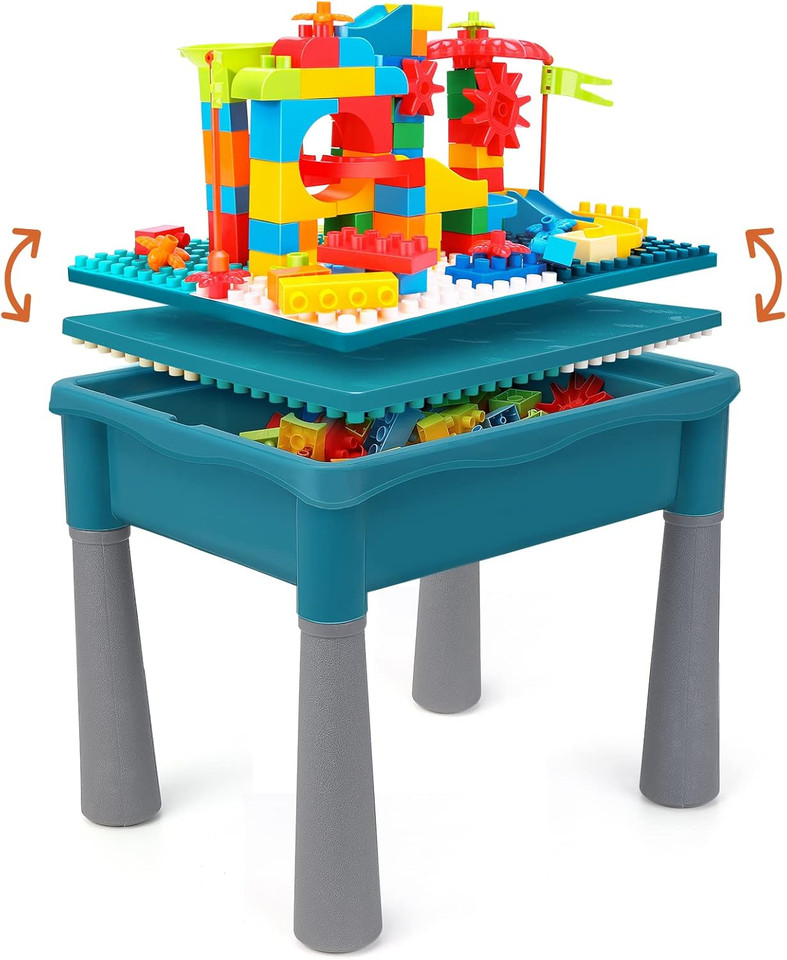 Double-Sided Kids Activity Table with Storage, 105pcs Marble Run Building Blocks, 5-in-1 Multi Activity Play Sand Water Eating T