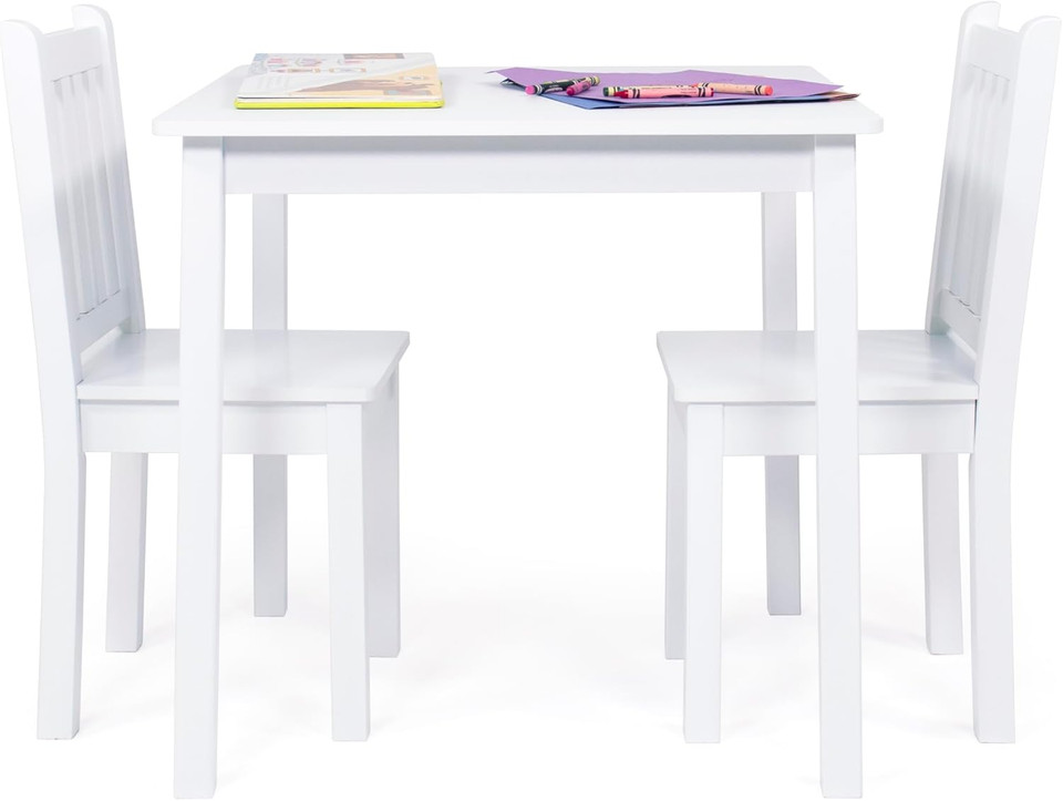 Crew Kids Wooden Table and 2 Chairs Set, White - Square Kids Table and Chair Set for Toddlers and Children for Arts