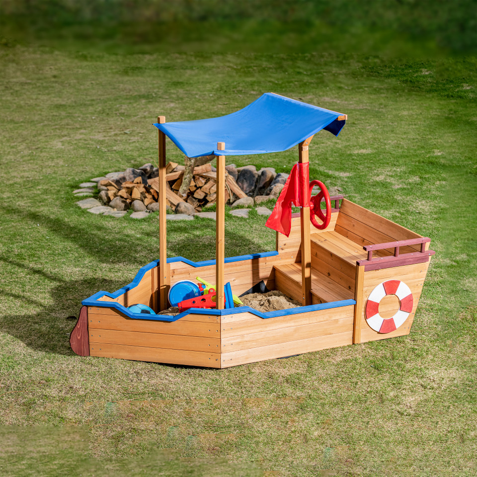 Pirate Ship Sandbox with Cover and Rudder, Wooden Sandbox with Storage Bench and Seat