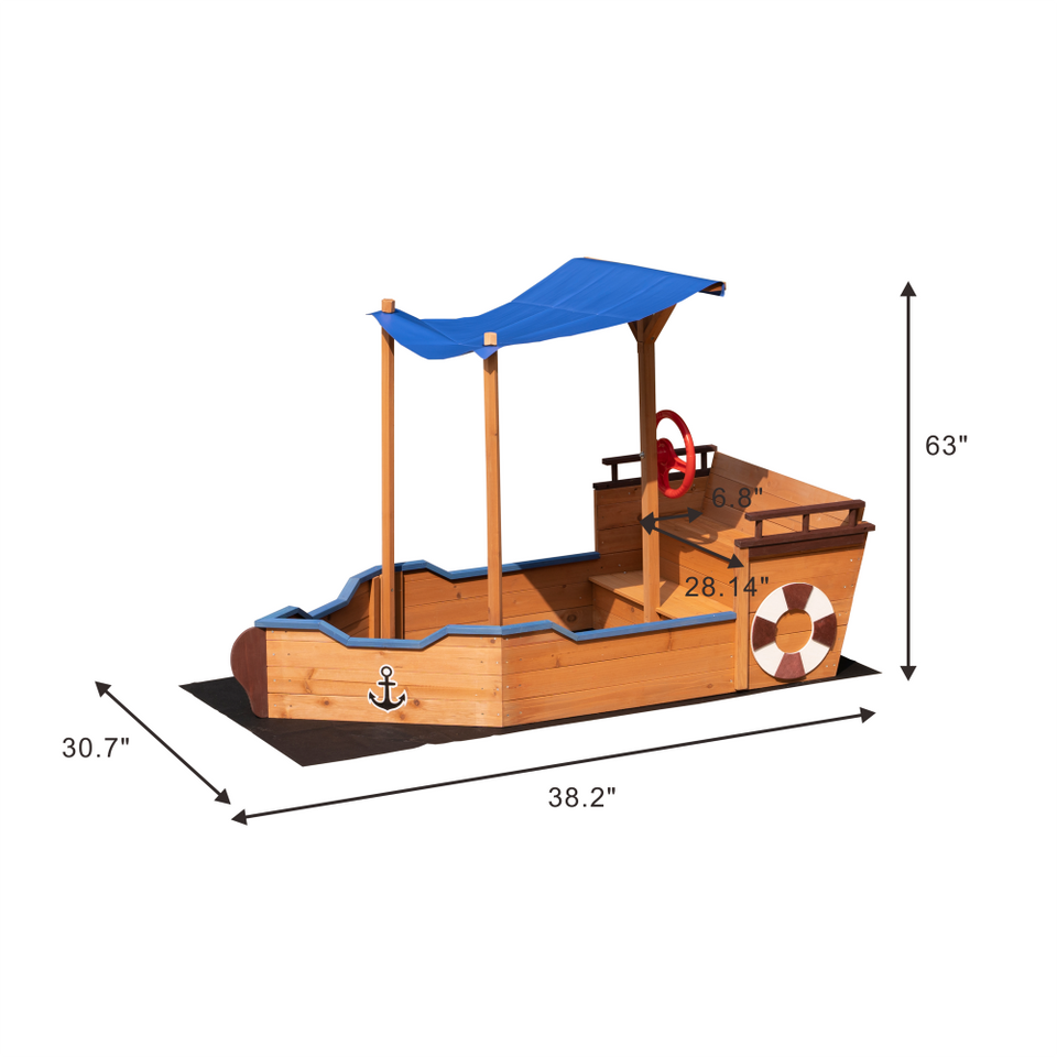 Pirate Ship Sandbox with Cover and Rudder, Wooden Sandbox with Storage Bench and Seat, Outdoor Toy for Kids Ages 3-8