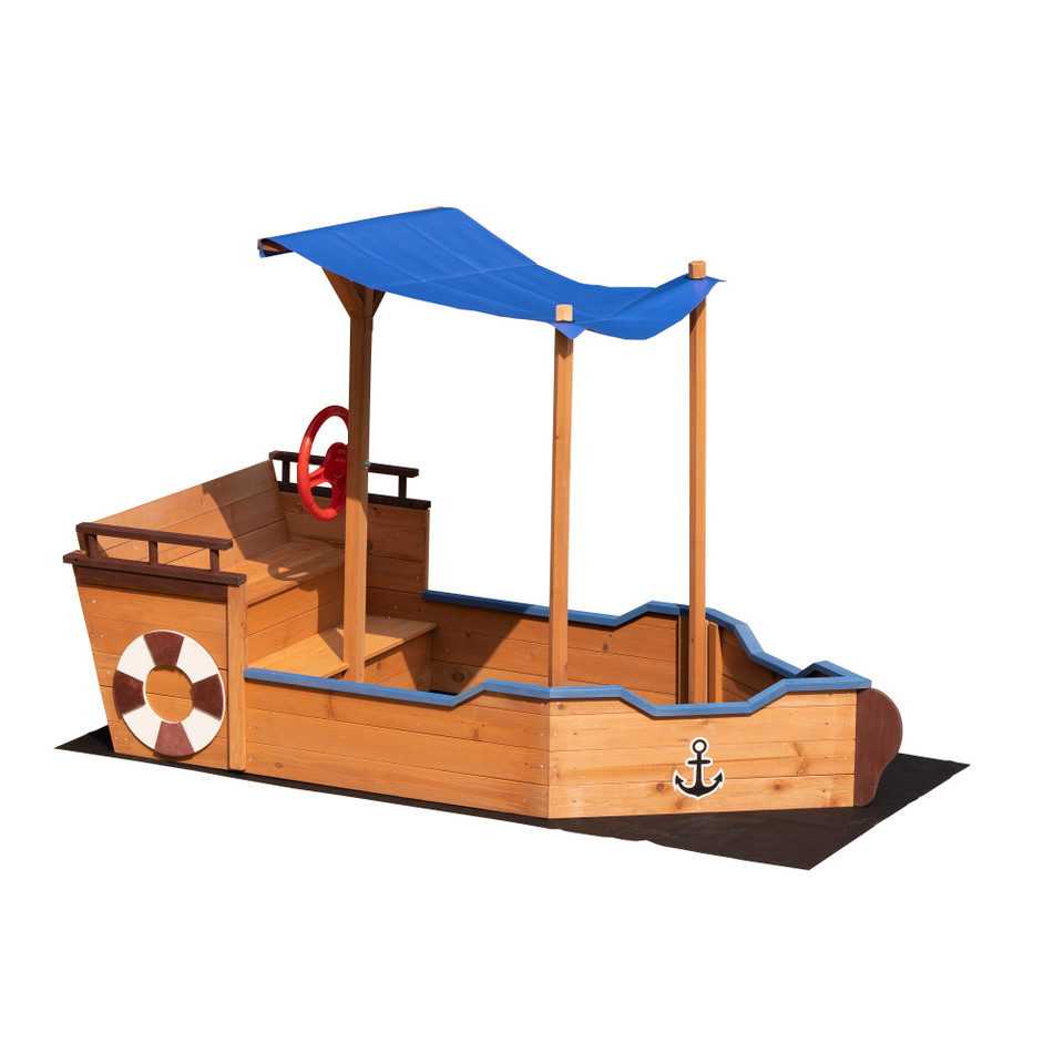 Pirate Ship Sandbox with Cover and Rudder, Wooden Sandbox with Storage Bench and Seat, Outdoor Toy for Kids Ages 3-8