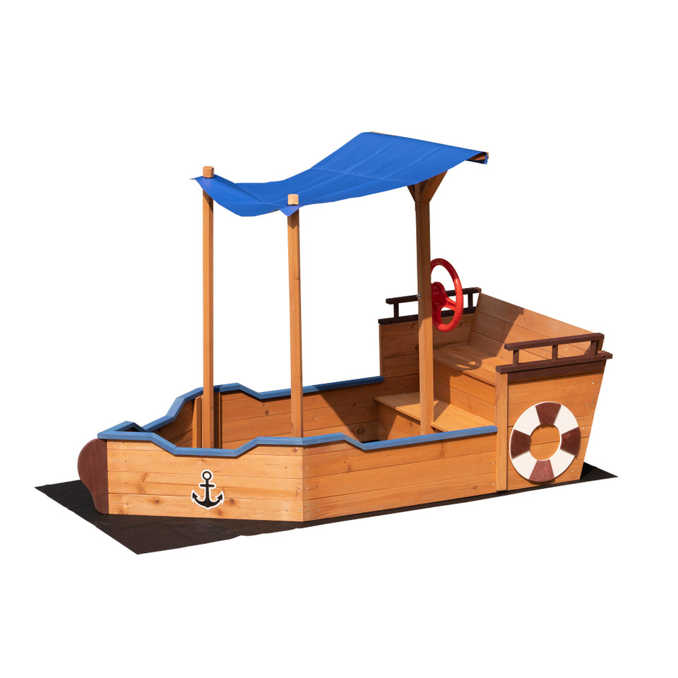Pirate Ship Sandbox with Cover and Rudder, Wooden Sandbox with Storage Bench and Seat, Outdoor Toy for Kids Ages 3-8