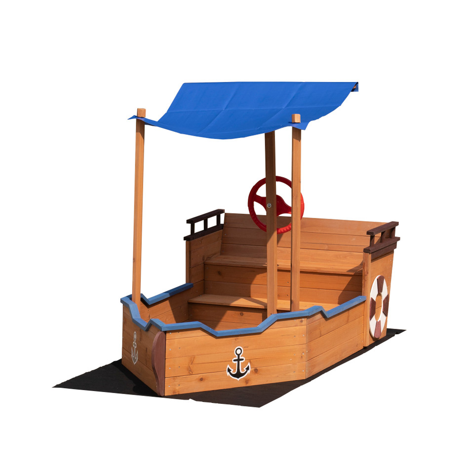 Pirate Ship Sandbox with Cover and Rudder, Wooden Sandbox with Storage Bench and Seat, Outdoor Toy for Kids Ages 3-8