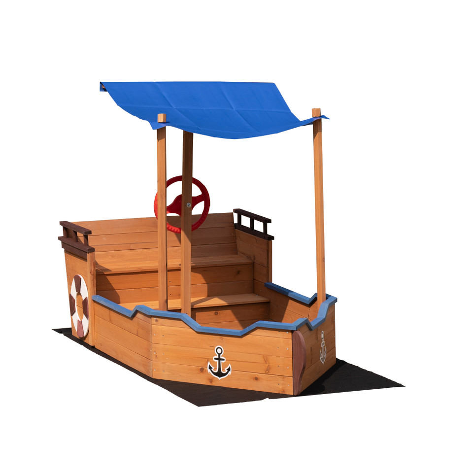Pirate Ship Sandbox with Cover and Rudder, Wooden Sandbox with Storage Bench and Seat, Outdoor Toy for Kids Ages 3-8