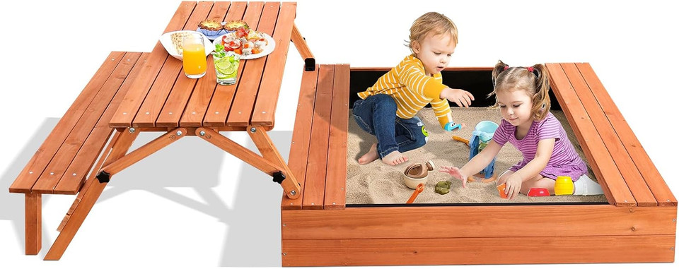 Wooden Kids Sandbox with Foldable Picnic Table & Seat