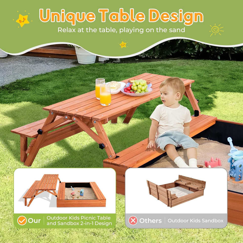 Wooden Kids Sandbox with Foldable Picnic Table & Seat 2
