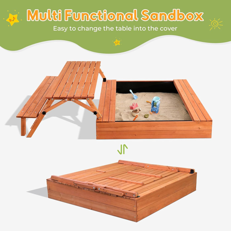 Wooden Kids Sandbox with Foldable Picnic Table & Seat 3