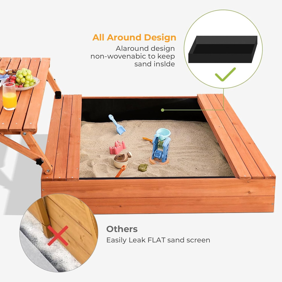 Wooden Kids Sandbox with Foldable Picnic Table & Seat 1