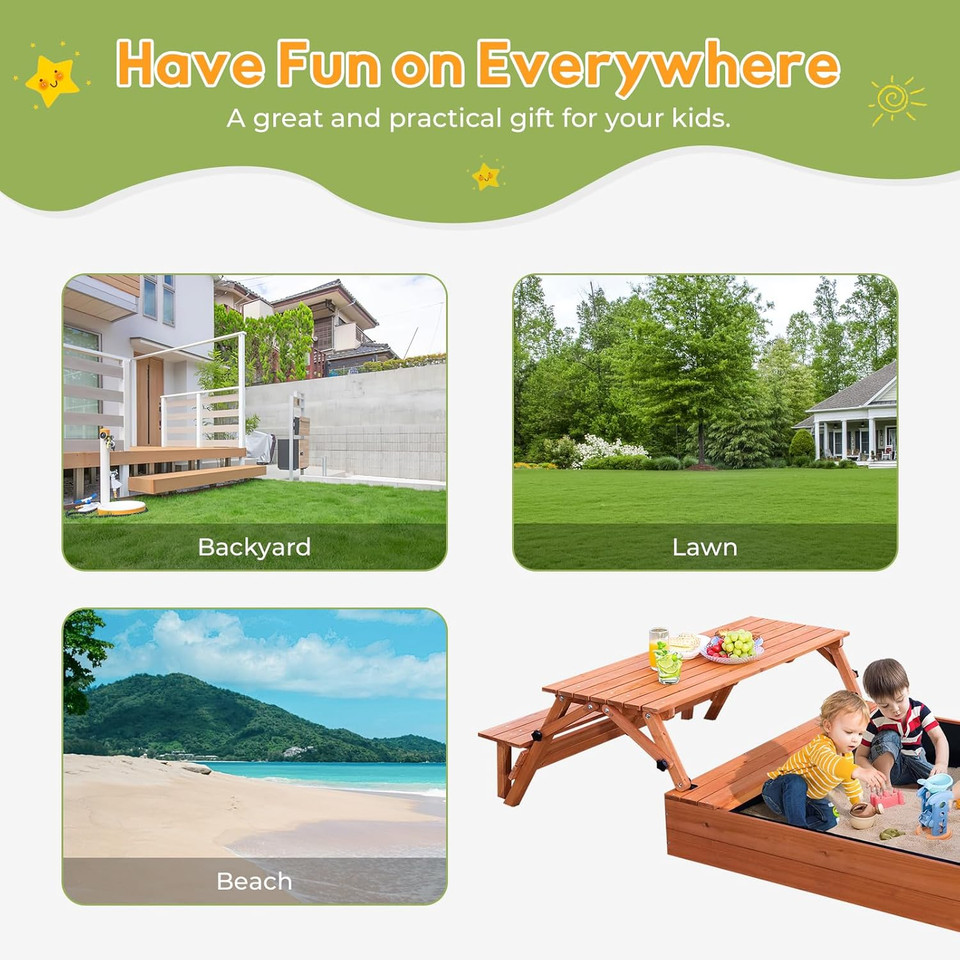 Wooden Kids Sandbox with Foldable Picnic Table & Seat 4