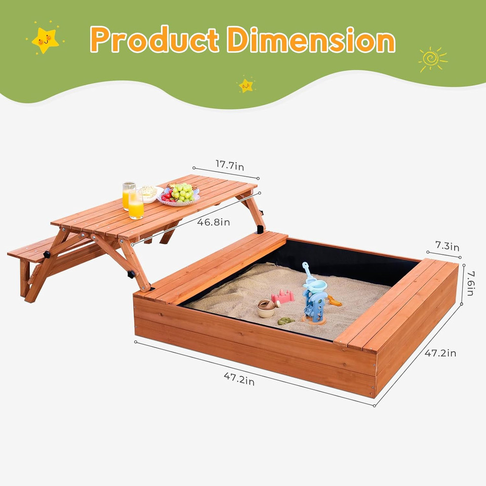 Wooden Kids Sandbox with Foldable Picnic Table & Seat 5