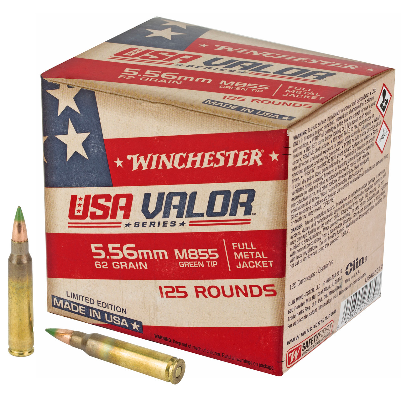 Winchester USA Valor 556NATO 62 Grain FMJ Green Tip 125 Round Box