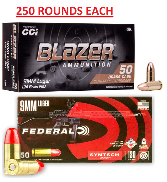 Blazer 124gr FMJ + Federal 130 TSJ - 9mm - 250 ROUNDS EACH