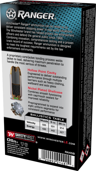 Winchester Ranger 45 Auto 230 Grain Bonded Jacketed Hollow Point Ammunition