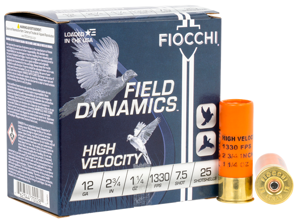 Fiocchi 12HV75 Field Dynamics High Velocity 12 Gauge 2.75" 1 1/4 oz 1330 fps 7.5 Shot 25 Per Box/ 10 Cs