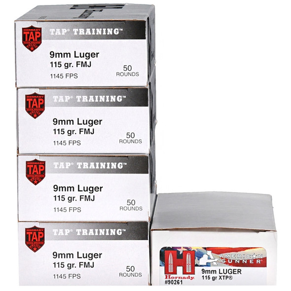 Hornady 9mm 115 Grain Ammo Bundle, 200rd FMJ + 50rd XTP HP W/ Ammo Can