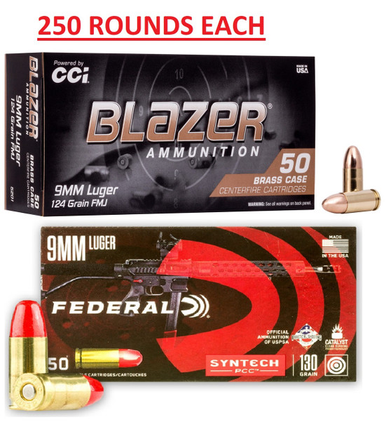 Blazer 124gr FMJ + Federal 130 TSJ - 9mm - 250 ROUNDS EACH