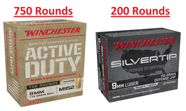 Winchester 9mm 115gr - FMJ 750 Rounds + Silver Tip HP 200 Rounds - 950 ROUNDS TOTAL