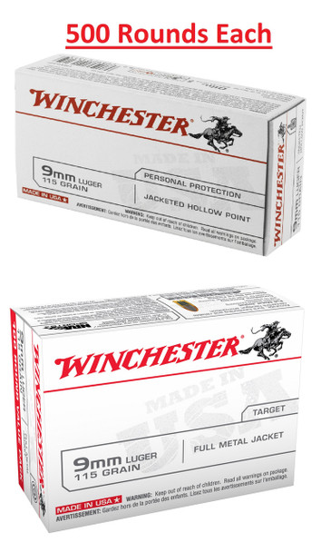 Winchester 9mm 115gr FMJ + Hollow Point - 500 Rounds Each