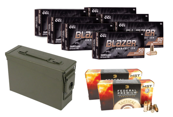 9mm 124 Grain Blazer 350 Rds + Federal HST 100 Rds + Military Ammo Can