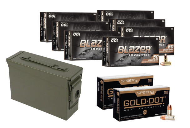 Blazer 9mm FMJ 115 Grain 350 Rds + Speer GD HP 9mm 115gr 100 Rds + Military Ammo Can