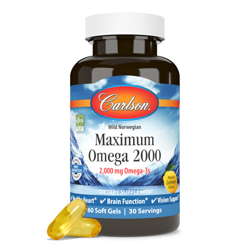 Maximum Omega 2000 provides 2,000 mg of omega-3s per serving, including 1,250 mg of EPA and 500 mg of DHA to promote heart, brain, vision, and joint health. 