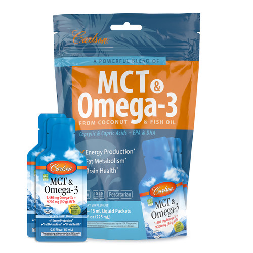 MCT & Omega-3 is a high-potency liquid blend of omega-3 fish oil and medium-chain triglyceride (MCT) Oil. 