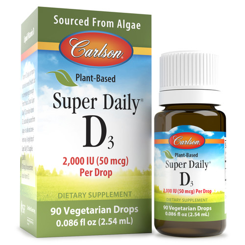 Plant-Based Super Daily® D3 is sustainably sourced from algae and provides 2,000 IU (50 mcg) of vegetarian vitamin D3 in a single drop to promote cardiovascular, immune, teeth, bone, and muscle health.