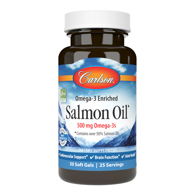 Each serving of Carlson Salmon Oil provides 500 mg of omega-3s, including EPA and DHA. sku_1502-UPC salmon oil supplement, carlson salmon oil, fish oil 500 mg