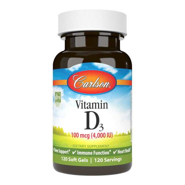 Carlson Vitamin D3 4,000 IU (100 mcg) promotes strong bones, supports immune system health, and helps regulate calcium and phosphorus metabolism. sku_1431-UPC-1 vitamin d 4000 iu