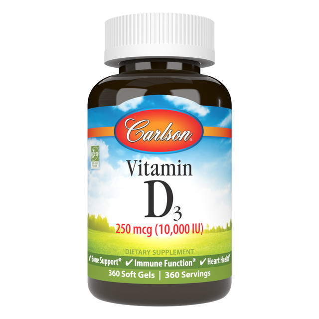 Carlson Vitamin D3 10,000 IU (250 mcg) promotes strong bones, supports immune system health, and helps regulate calcium and phosphorus metabolism. sku_1423-UPC