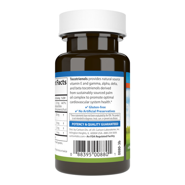 A single soft gel provides 40 mg of tocotrienols and is a great source of vitamin E. Carlson Tocotrienols provides a ratio used in scientific studies. vitamin e tocotrienols, tocotrienols supplements, tocotrienols