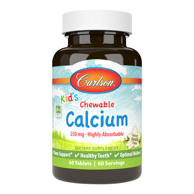 Carlson for Kids Chewable Calcium provides 250 mg of calcium in a tasty vanilla tablet to support strong, healthy bones. sku_5083 toddler calcium supplement, calcium for kids, best calcium chewables