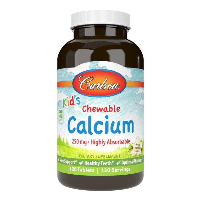 Carlson for Kids Chewable Calcium provides 250 mg of calcium in a tasty vanilla tablet to support strong, healthy bones. sku_5084