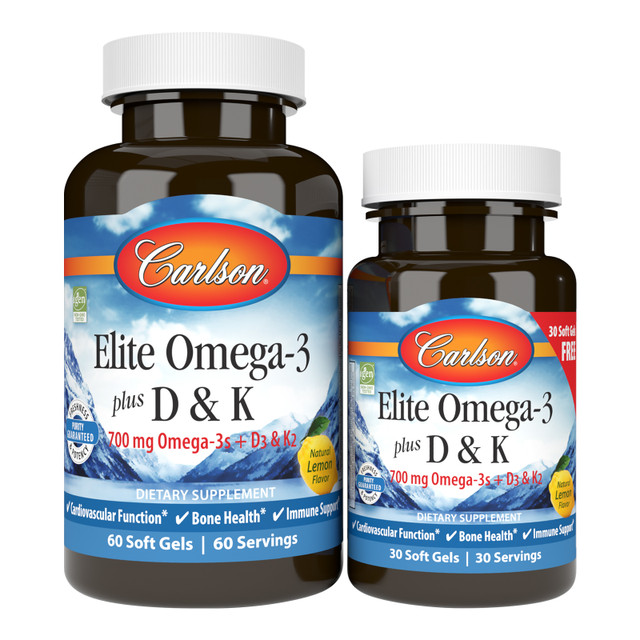 A single soft gel of Elite Omega-3 + D & K provides 700 mg of omega-3s; 2,000 IU (50 mcg) of vitamin D3; and 90 mcg of MK-7. sku_1754-UPC