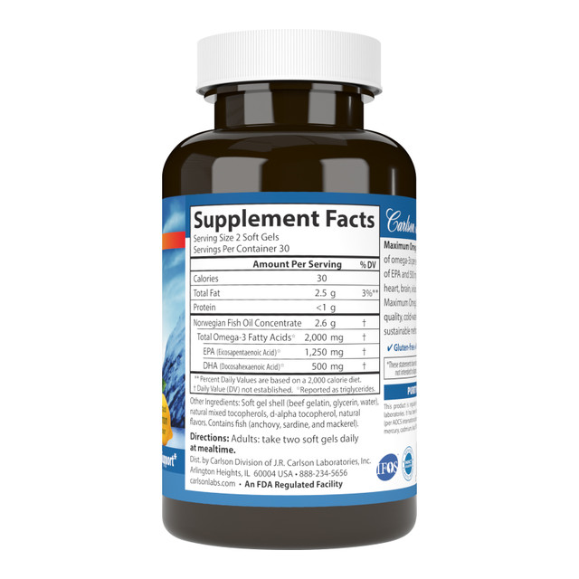 Maximum Omega 2000 provides 2,000 mg of omega-3s per serving, including 1,250 mg of EPA and 500 mg of DHA to promote heart, brain, vision, and joint health. carlson maximum omega 2000, 2000 mg fish oil, omega 3 2000 mg
