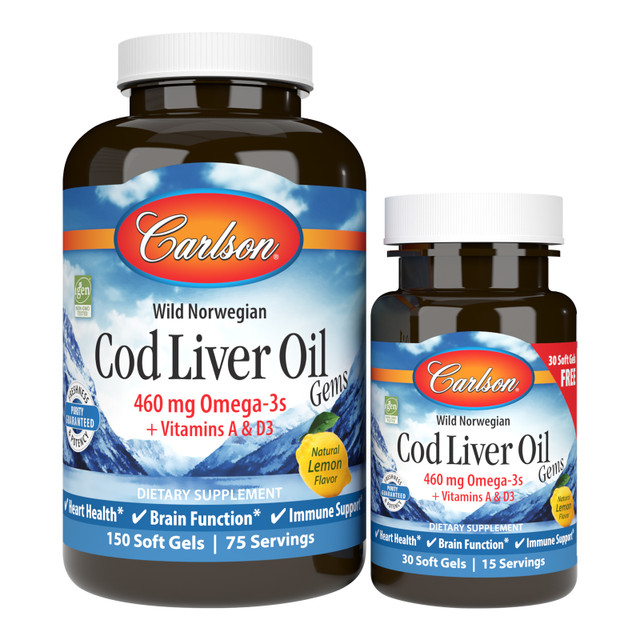Each serving of Cod Liver Oil Gems™ provides 460 mg of omega-3s, which support heart, brain, vision, and joint health. sku_1384