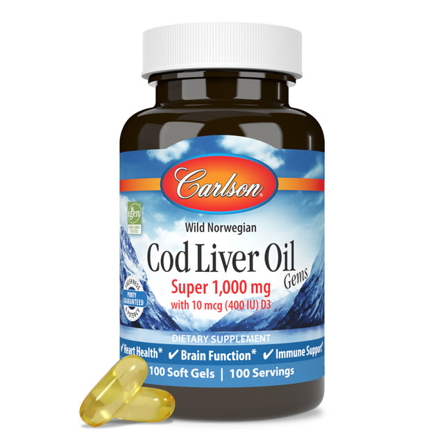 Cod Liver Oil Gems, Super 1,000 mg contains 1,000 mg of Norwegian cod liver oil per soft gel, providing important omega-3s EPA and DHA. 