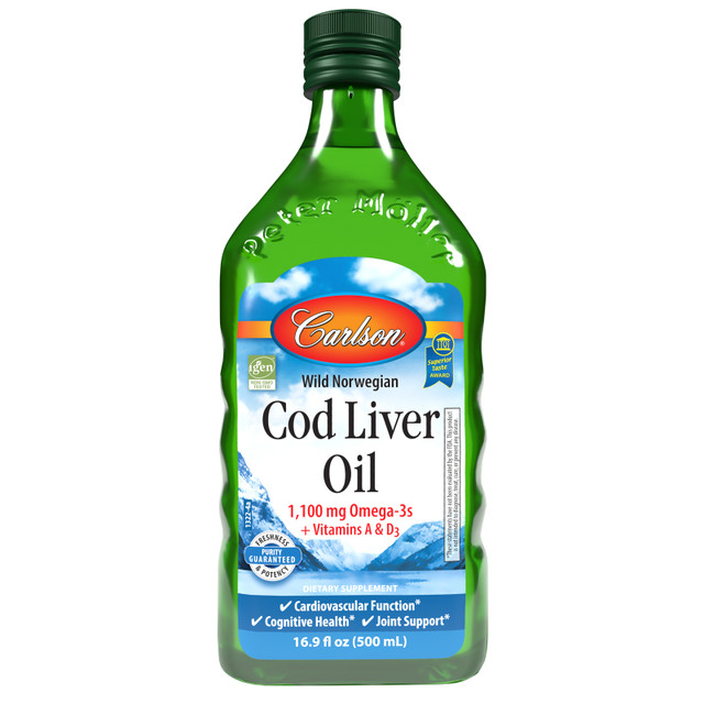 Carlson Cod Liver Oil has won numerous awards for its taste and quality. It's wild-caught off the coast of Norway and comes in lemon, green apple, fruit splash, or natural flavor. sku_1322 cod liver oil, norwegian cod liver oil, cod liver oil liquid