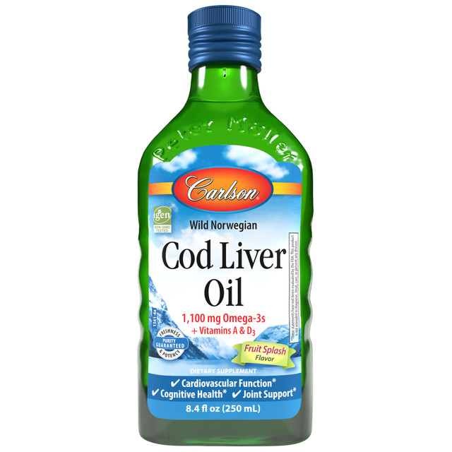 Carlson Cod Liver Oil has won numerous awards for its taste and quality. It's wild-caught off the coast of Norway and comes in lemon, green apple, fruit splash, or natural flavor. sku_1361 cod liver oil, norwegian cod liver oil, cod liver oil liquid