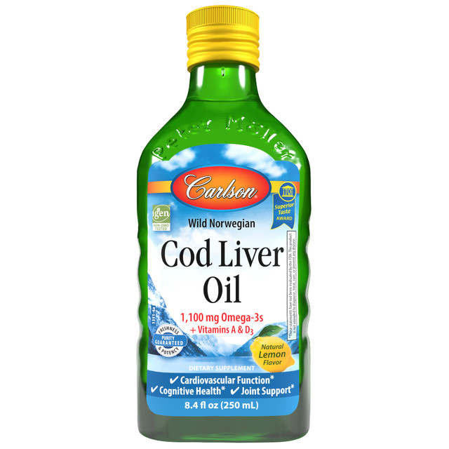Carlson Cod Liver Oil has won numerous awards for its taste and quality. It's wild-caught off the coast of Norway and comes in lemon, green apple, fruit splash, or natural flavor. sku_1351 cod liver oil, norwegian cod liver oil, cod liver oil liquid