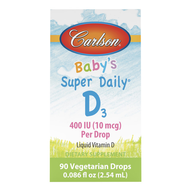 Baby's Super Daily® D3 provides 400 IU (10 mcg) of vitamin D3 in a single, convenient, unflavored drop. Place a drop in your baby's bottle, or use it while breastfeeding. carlson vitamin d drops, baby vitamin d drops
