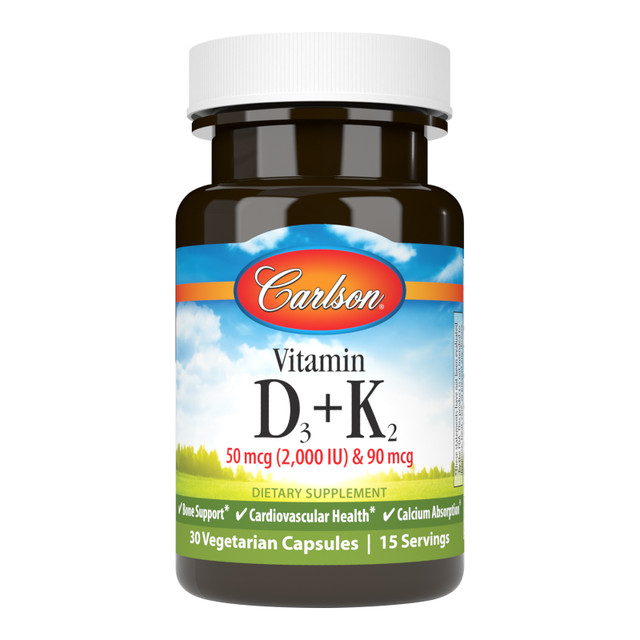 Provide your body with the power duo of vitamin D3 and K2 MK-7 with Carlson Vitamin D3 + K2. Each serving provides 2,000 IU (50 mcg) of vitamin D3 and 90 mcg of vitamin K2 as MK-7, which supports cardiovascular system health, and healthy bones and teeth. sku_1060-UPC carlson vitamin d, carlson vitamin d3, vitamin d3 k2 supplement