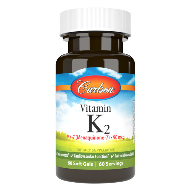 Vitamin K2 also supports cardiovascular system health by promoting healthy blood clotting and directing calcium out of the bloodstream and arteries and into the bones. Build better bones and support optimal wellness with Carlson Vitamin K2 as MK-7. sku_1071-UPC