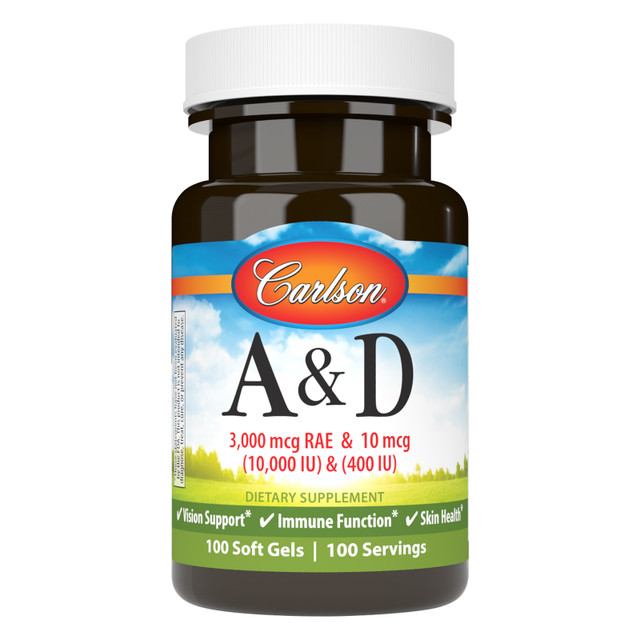 Vitamins A & D provides 10,000 IU (3,000 mcg RAE) of vitamin A from palmitate and fish liver oil and 400 IU (10 mcg) of vitamin D3. sku_1211-UPC