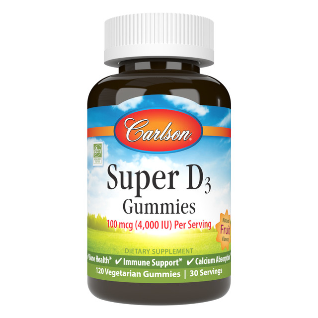 Super D3 Gummies provide 4,000 IU (100 mcg) of vitamin D3 per serving, which promotes teeth, bone, and muscle health.