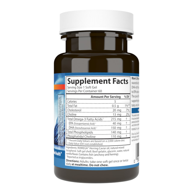 Mom's DHA + Choline blends sustainably sourced herring caviar oil and omega-3s, and provides the 3:1 DHA to EPA ratio naturally found in breast milk. 